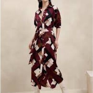 Banana Republic Burgundy and Cream Long Sleeve Dress